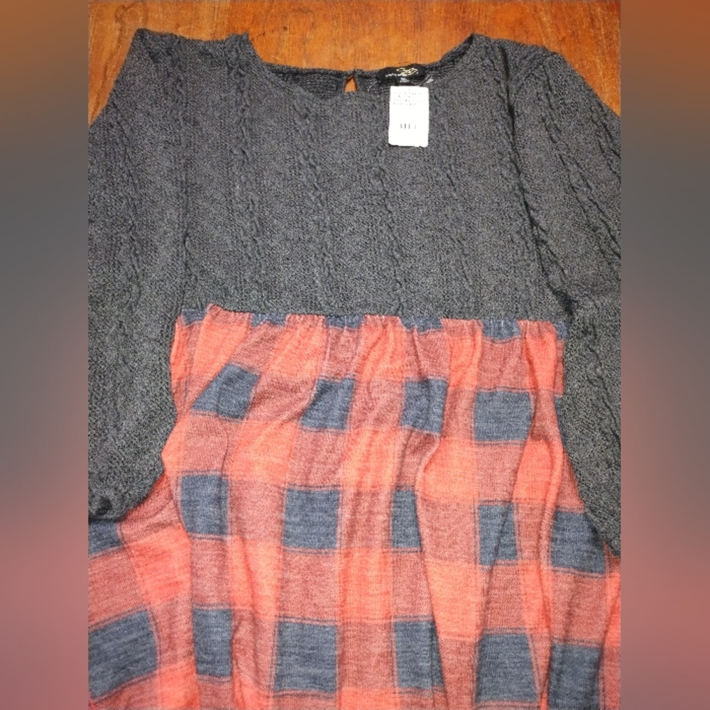 NWT Suzanne Betro Grey / Red Plaid Contrast Print Empire Waist Dress, 4X - Picture 3 of 6